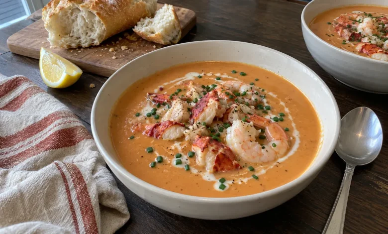 Creamy lobster and shrimp bisque in a bowl topped with lobster pieces, shrimp and chives