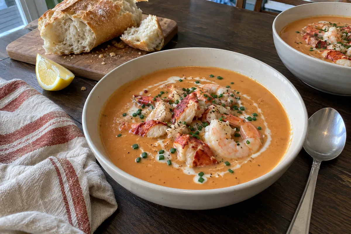 Creamy lobster and shrimp bisque in a bowl topped with lobster pieces, shrimp and chives