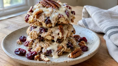 Stack of three thick no-bake cranberry pecan praline cookies with white glaze and a pecan half on a speckled plate