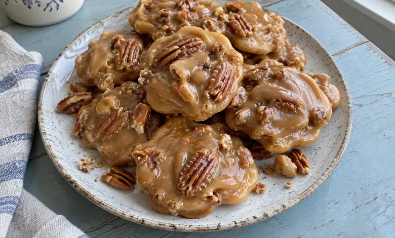 Pile of glossy creole creamy pralines studded with pecans on a plate