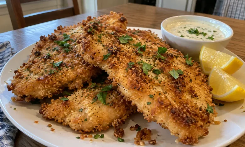 Golden crispy ranch chicken cutlets piled on a white plate with parsley, lemon wedges and a small bowl of ranch dip