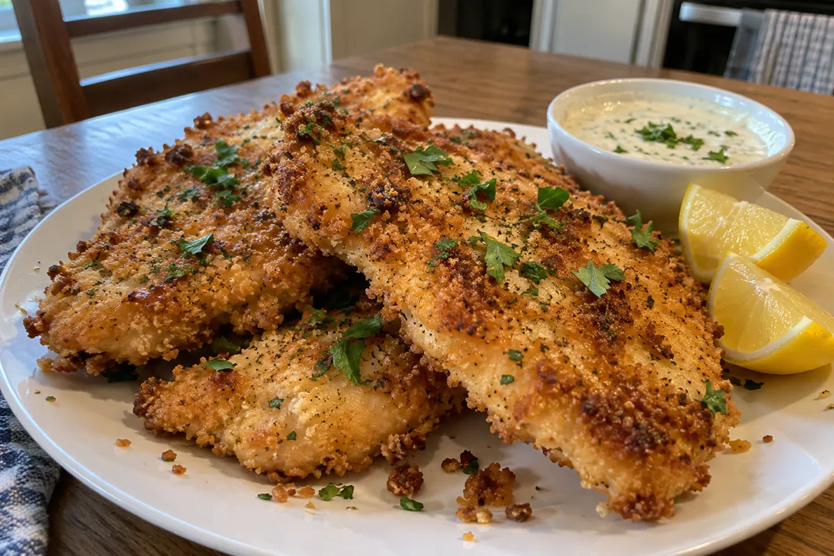 Golden crispy ranch chicken cutlets piled on a white plate with parsley, lemon wedges and a small bowl of ranch dip
