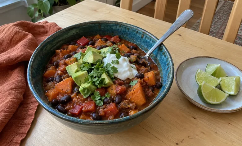 Crockpot sweet potato and black bean chili in a deep teal ceramic bowl topped with avocado, sour cream and cilantro