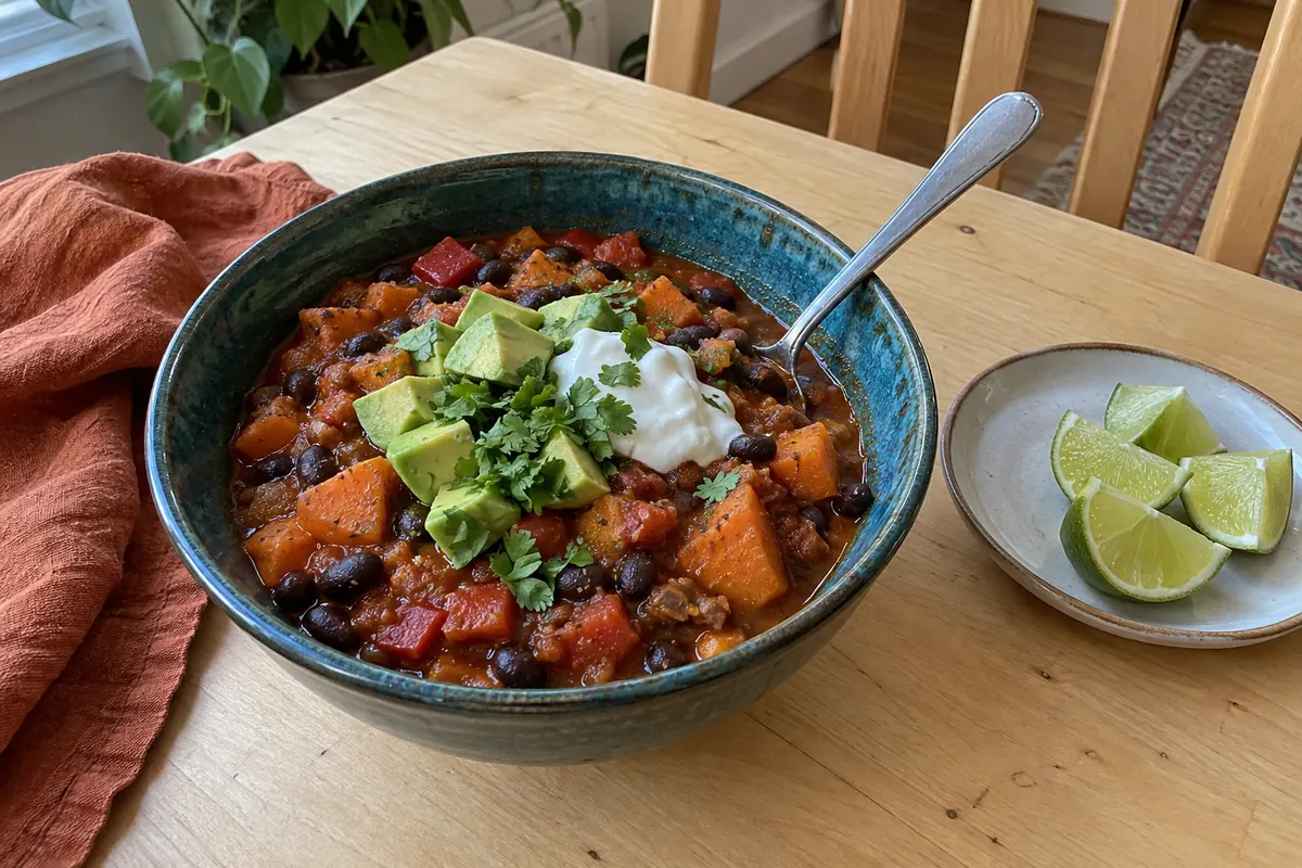 Crockpot sweet potato and black bean chili in a deep teal ceramic bowl topped with avocado, sour cream and cilantro