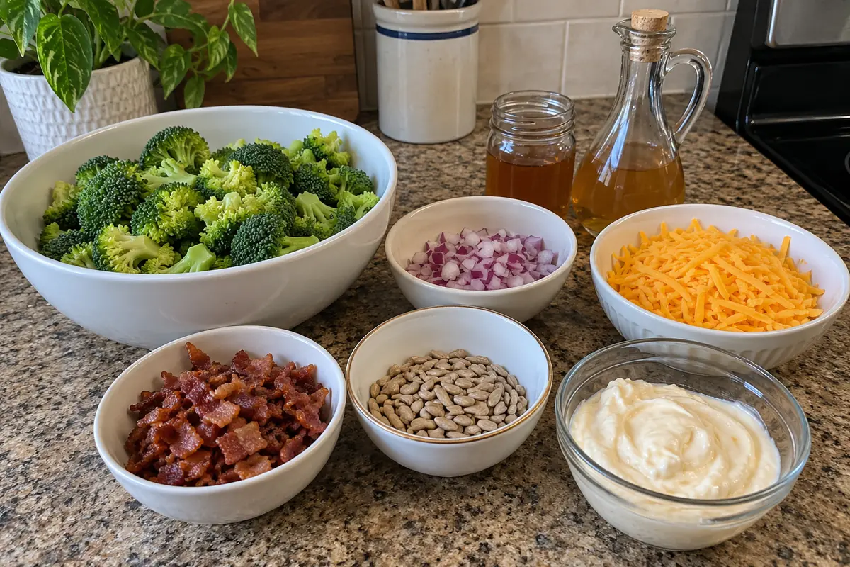 Ingredients for crunchy broccoli salad in plain bowls: broccoli florets, diced red onion, shredded cheddar, bacon bits, sunflower seeds, mayonnaise, honey in a small unlabeled jar and apple cider vinegar in an unlabeled glass cruet