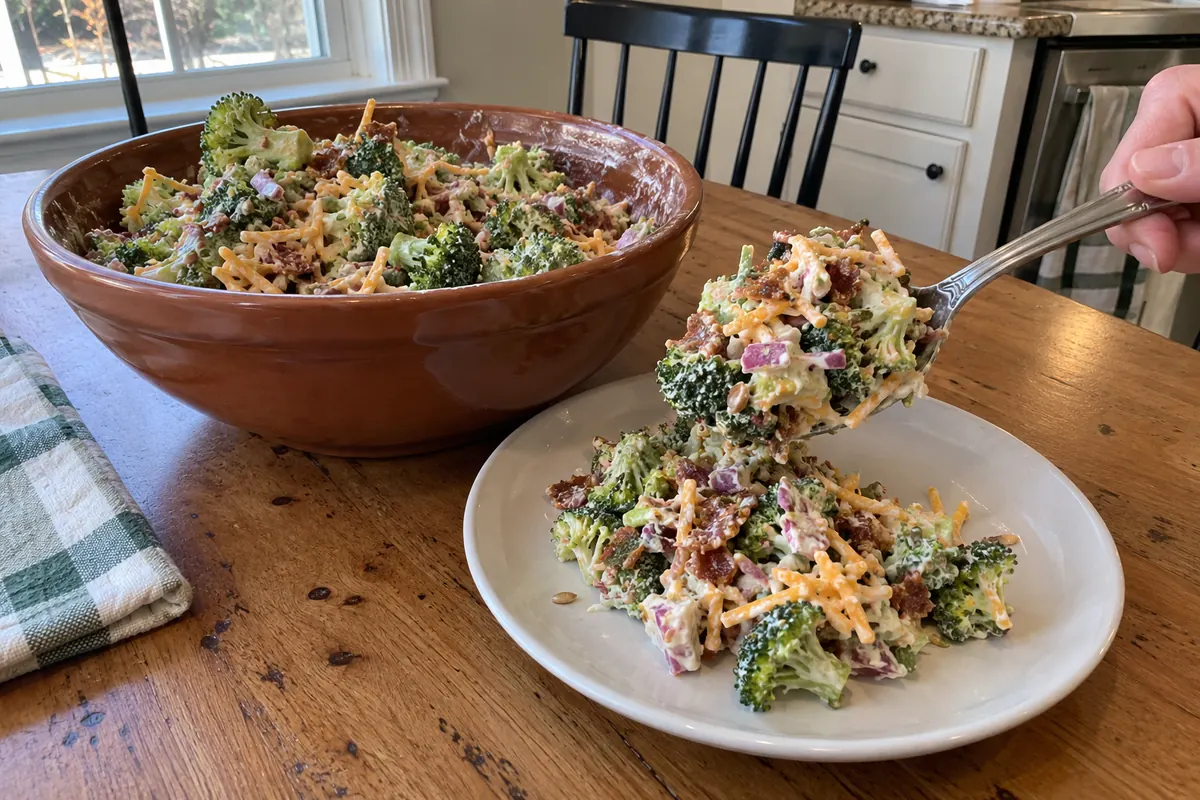 Serving spoon scooping creamy crunchy broccoli salad from a terracotta bowl onto a small plate