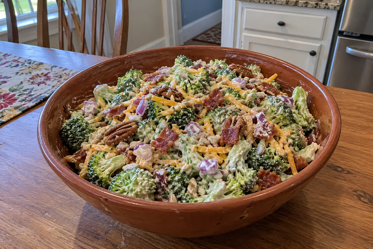 Terracotta-brown ceramic bowl of creamy crunchy broccoli salad with red onion, shredded cheddar, bacon bits and seeds on a home kitchen table