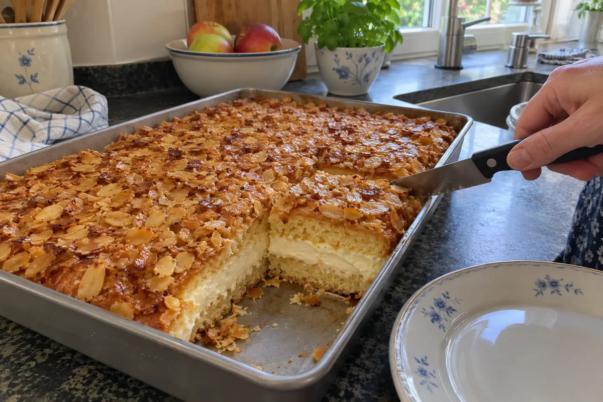 Cutting a slice from the pan of bee sting cake showing the cream layer