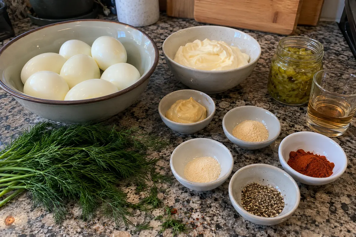 Ingredients for deviled egg dip in plain bowls and jars: eggs, mayonnaise, Dijon mustard, pickle relish, vinegar, spices and fresh dill