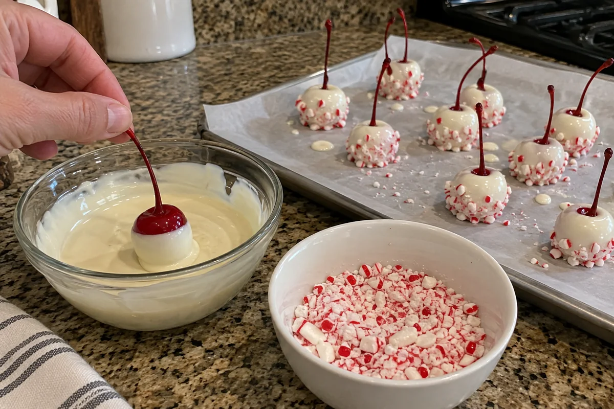 Dipping a maraschino cherry by its stem into melted white chocolate with finished cherries on parchment