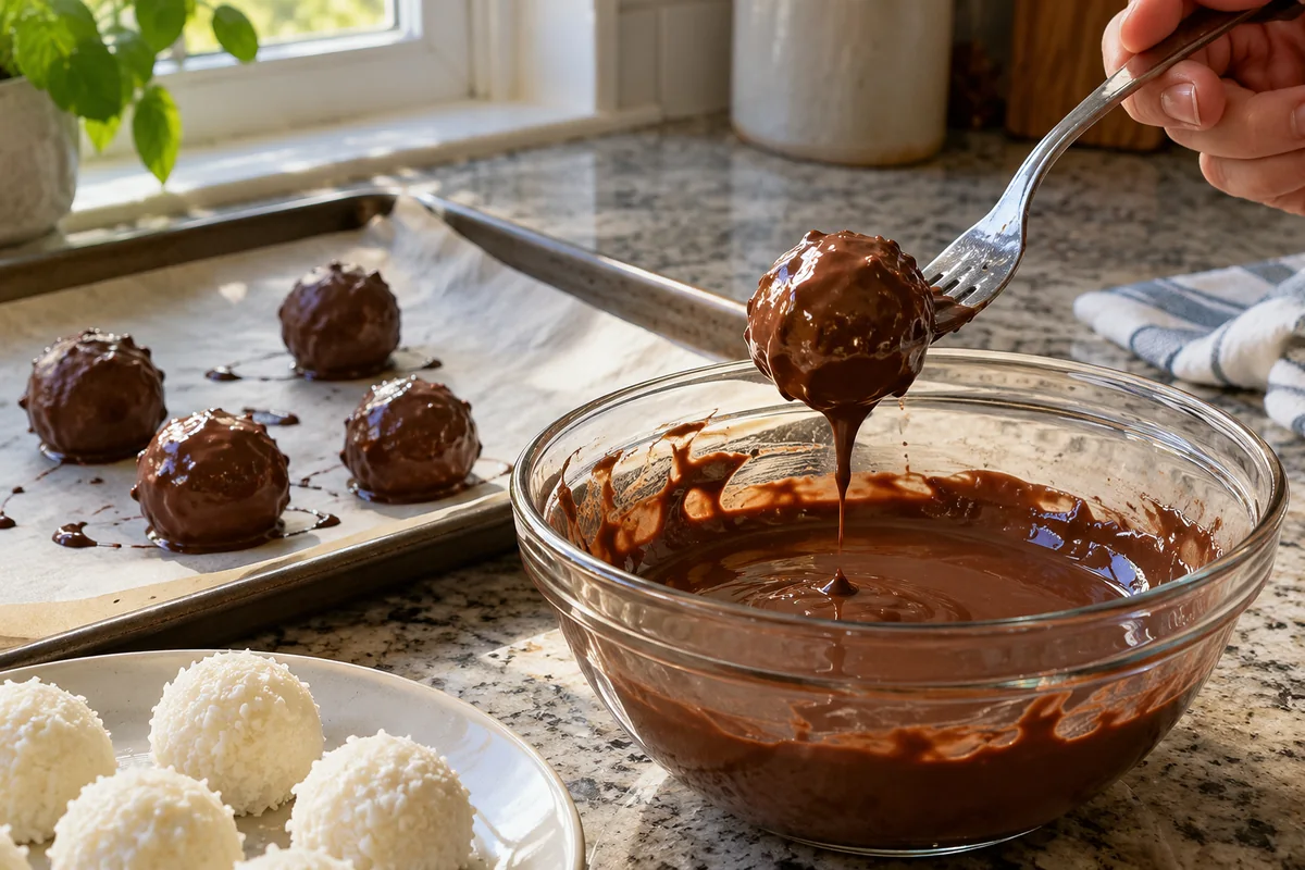 Frozen white yogurt coconut ball being dipped in melted chocolate with a fork over a glass bowl