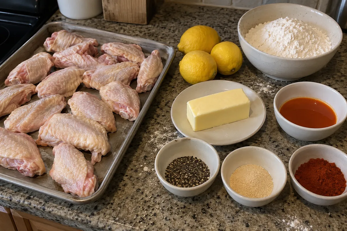 Ingredients for double fried chicken wings in plain bowls: raw wings on a tray, lemons, butter, hot sauce, flour, black pepper, garlic powder and paprika
