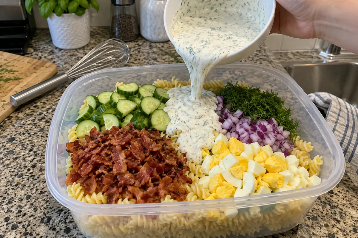Pouring creamy dill dressing over bacon and egg pasta salad ingredients in a large container