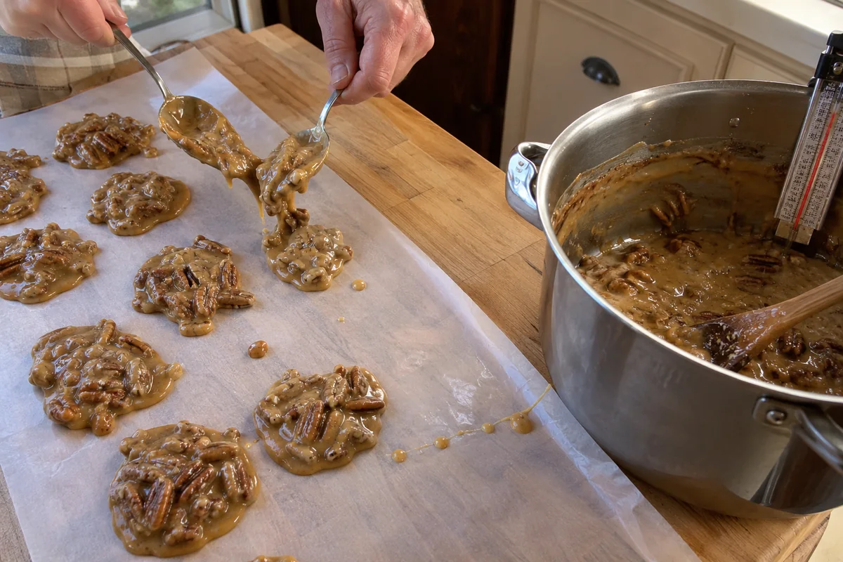 Spooning creamy buttermilk praline candy onto wax paper to set