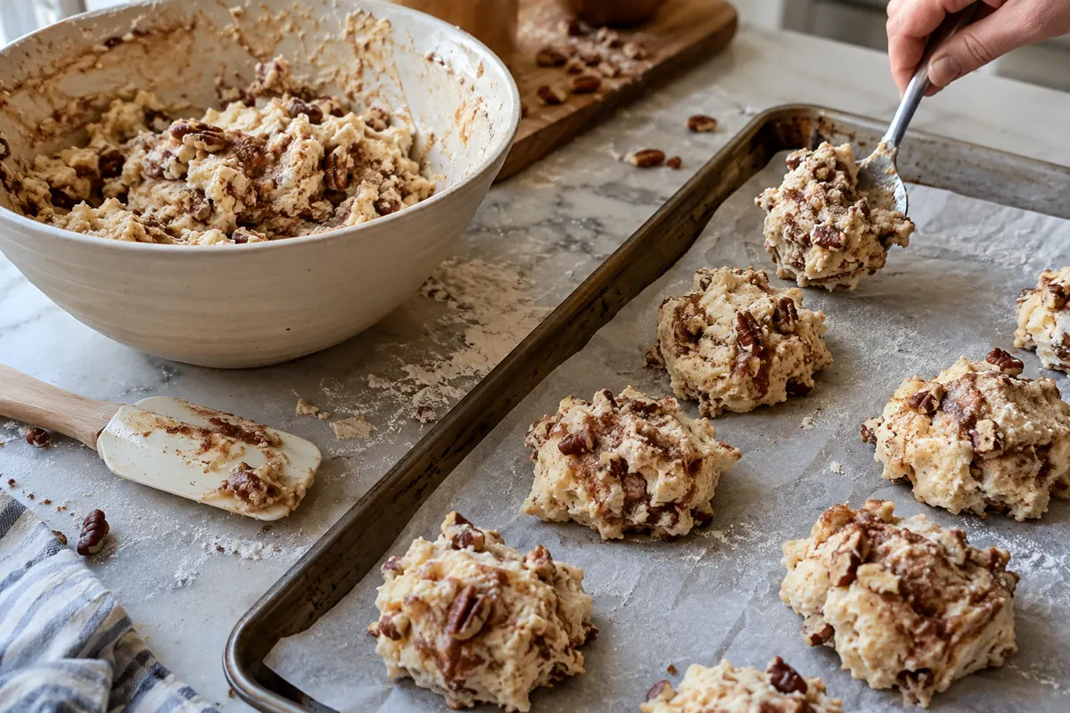 Spoonfuls of cinnamon swirl scone dough being dropped onto a parchment-lined baking sheet