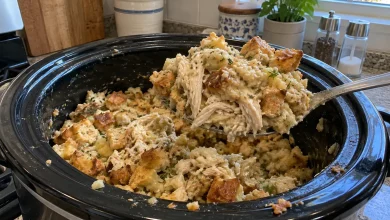 Serving spoon lifting golden herbed stuffing with shredded chicken out of a black slow cooker