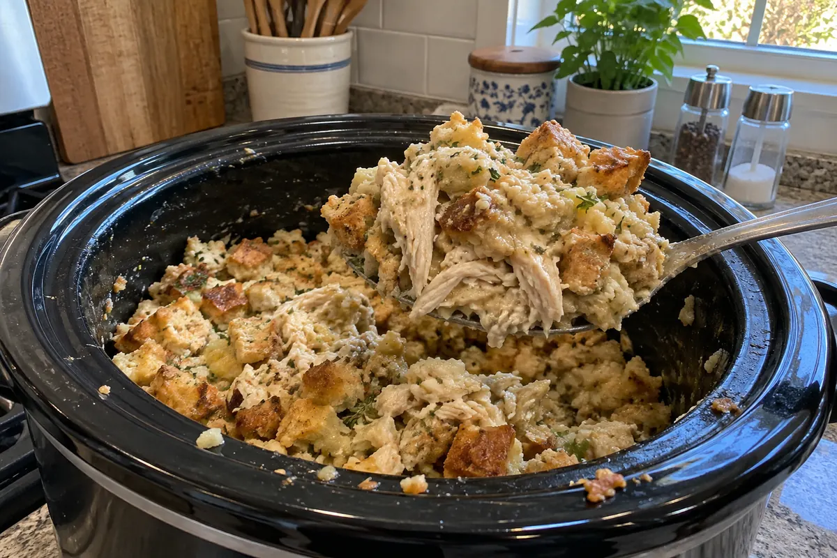 Serving spoon lifting golden herbed stuffing with shredded chicken out of a black slow cooker