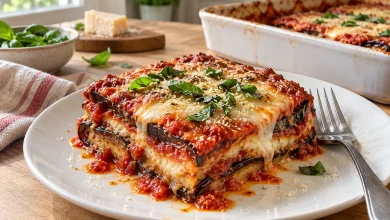 A square portion of eggplant parmigiana on a white plate showing layers of eggplant, tomato sauce and melted mozzarella