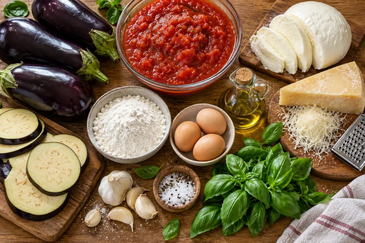 Ingredients for eggplant parmigiana laid out on a counter: eggplants, tomatoes, mozzarella, Parmigiano, basil, eggs and flour