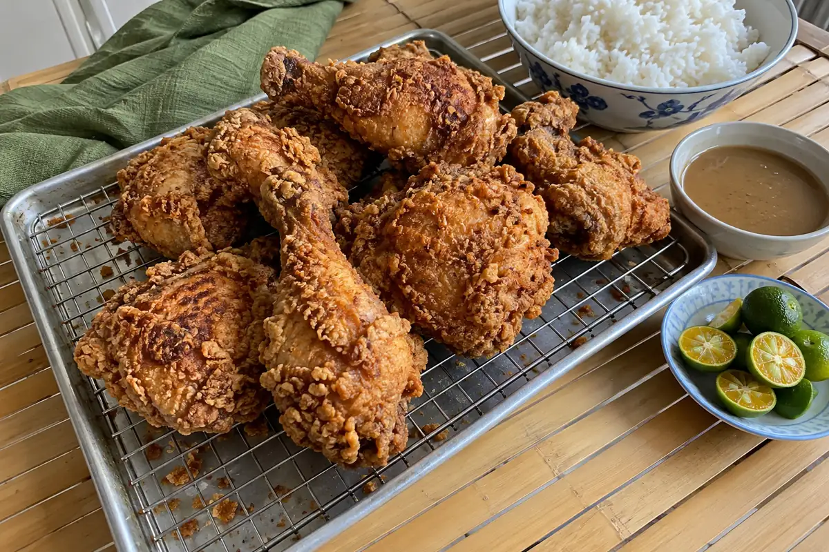 Filipino-style crispy fried chicken thighs and drumsticks with a golden craggy crust on a wire rack