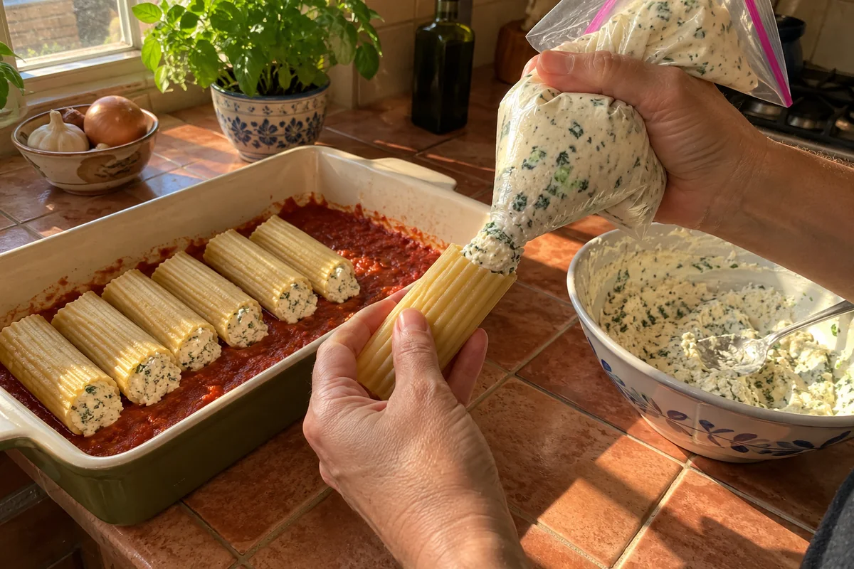 Piping ricotta cheese filling from a zip-top bag into cooked manicotti shells