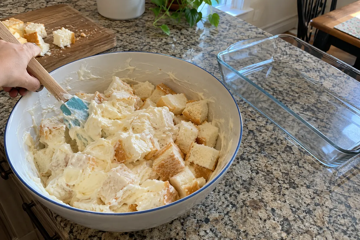 Folding angel food cake cubes into the white cream cheese mixture with a spatula to make cherries in the snow