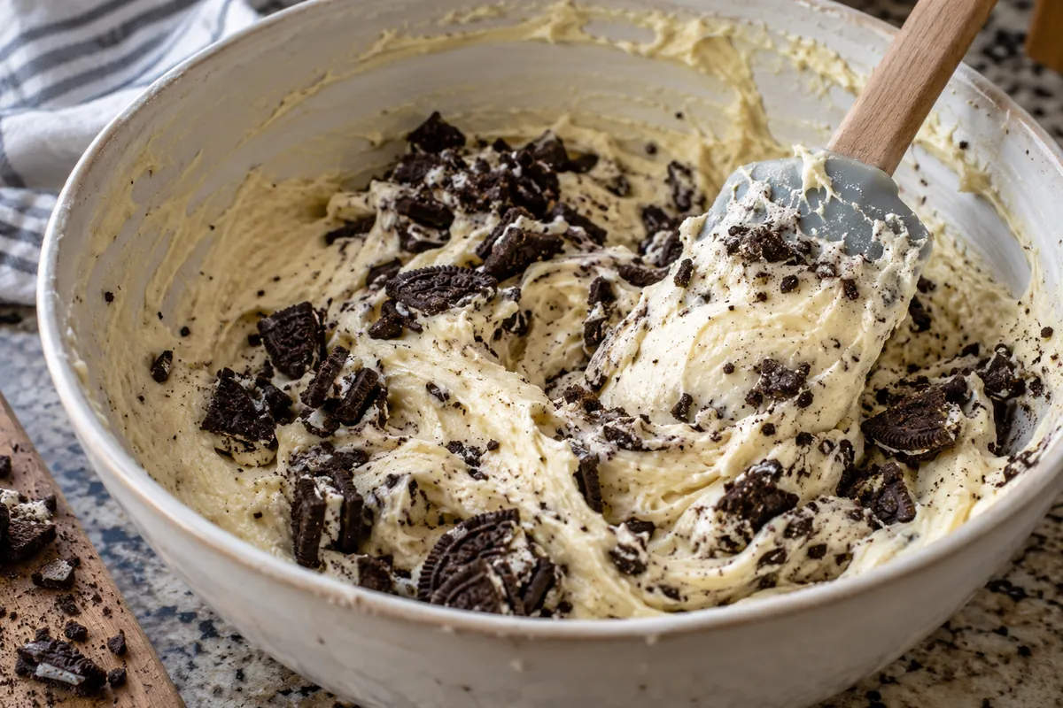 Crushed chocolate sandwich cookies being folded into pale pound cake batter with a spatula in a large mixing bowl