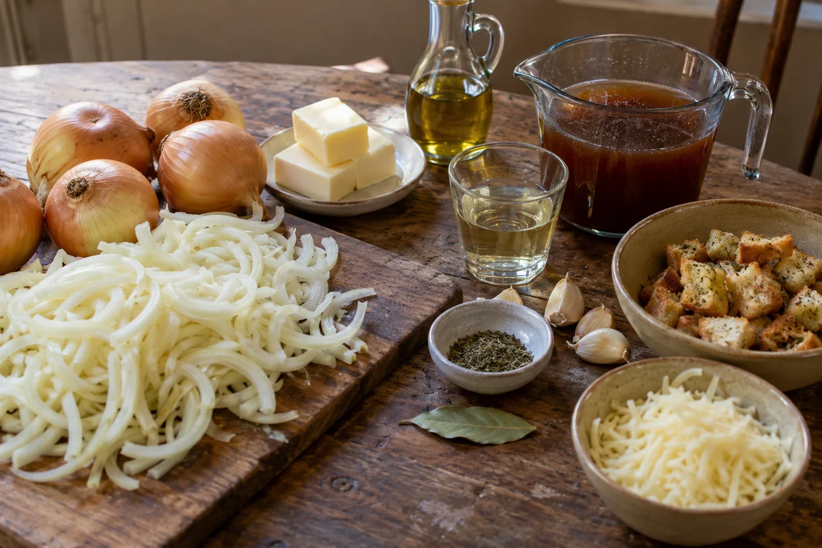 Ingredients for French onion soup laid out on a table: yellow onions, butter, garlic, thyme, beef broth, croutons and shredded cheese