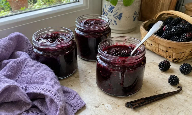 Jars of French-style blackberry vanilla jam with fresh blackberries and a vanilla bean