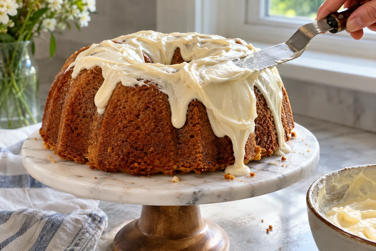 Cream cheese frosting being spread over a cooled Bundt pound cake, with small drips running down the sides