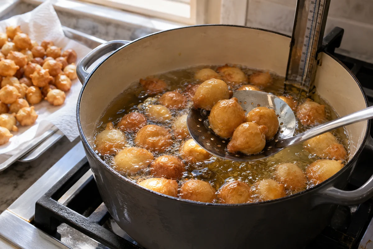 Golden struffoli dough balls frying in hot oil in a deep pot