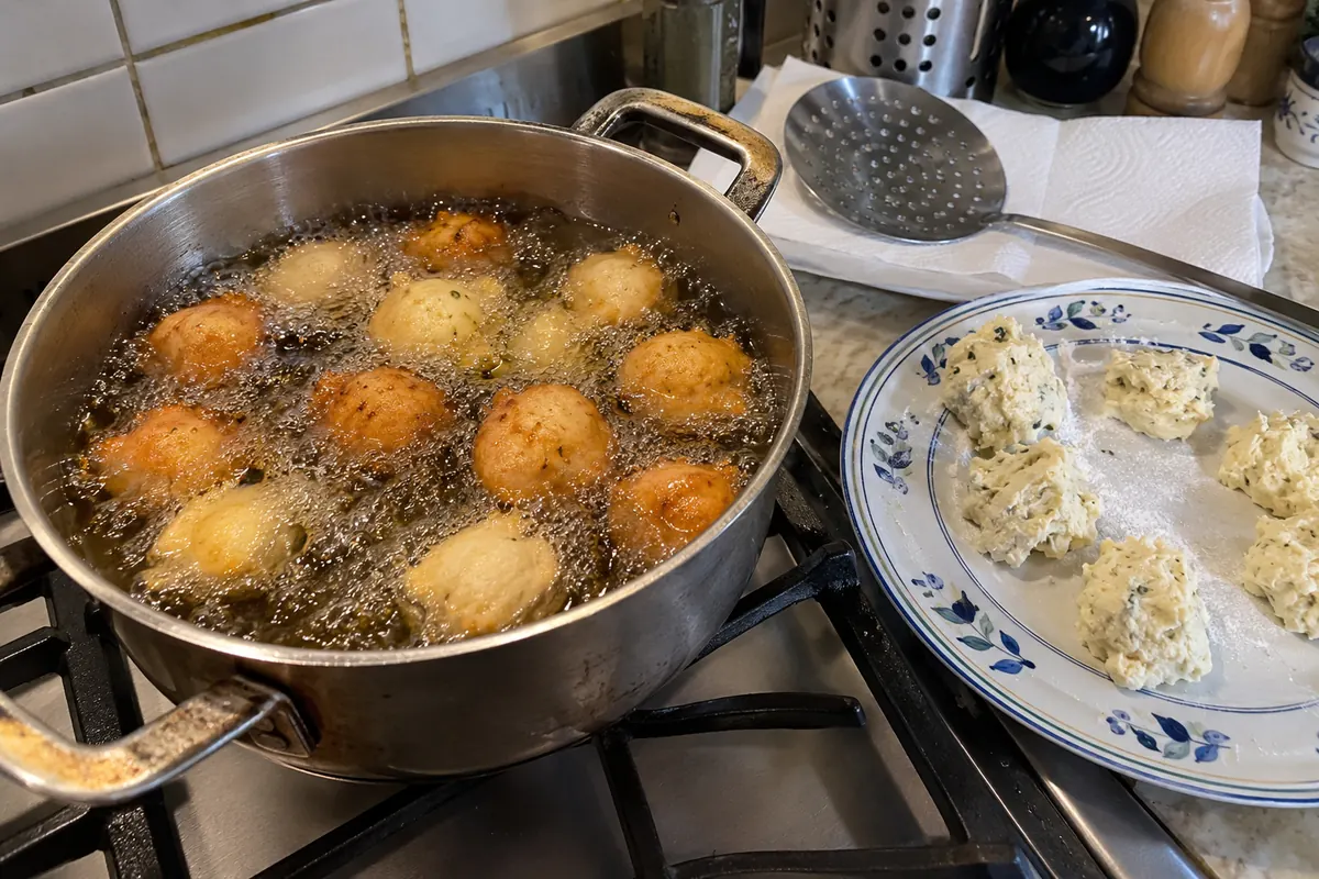 Dough balls frying in a pot of hot oil on a home stove