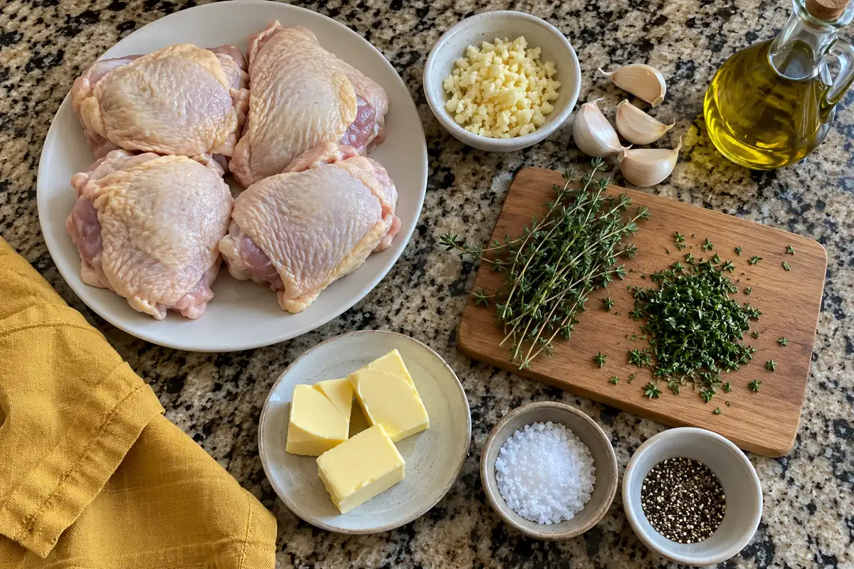 Ingredients for golden garlic butter chicken thighs: bone-in chicken thighs, garlic, fresh thyme, butter, olive oil, sea salt and black pepper