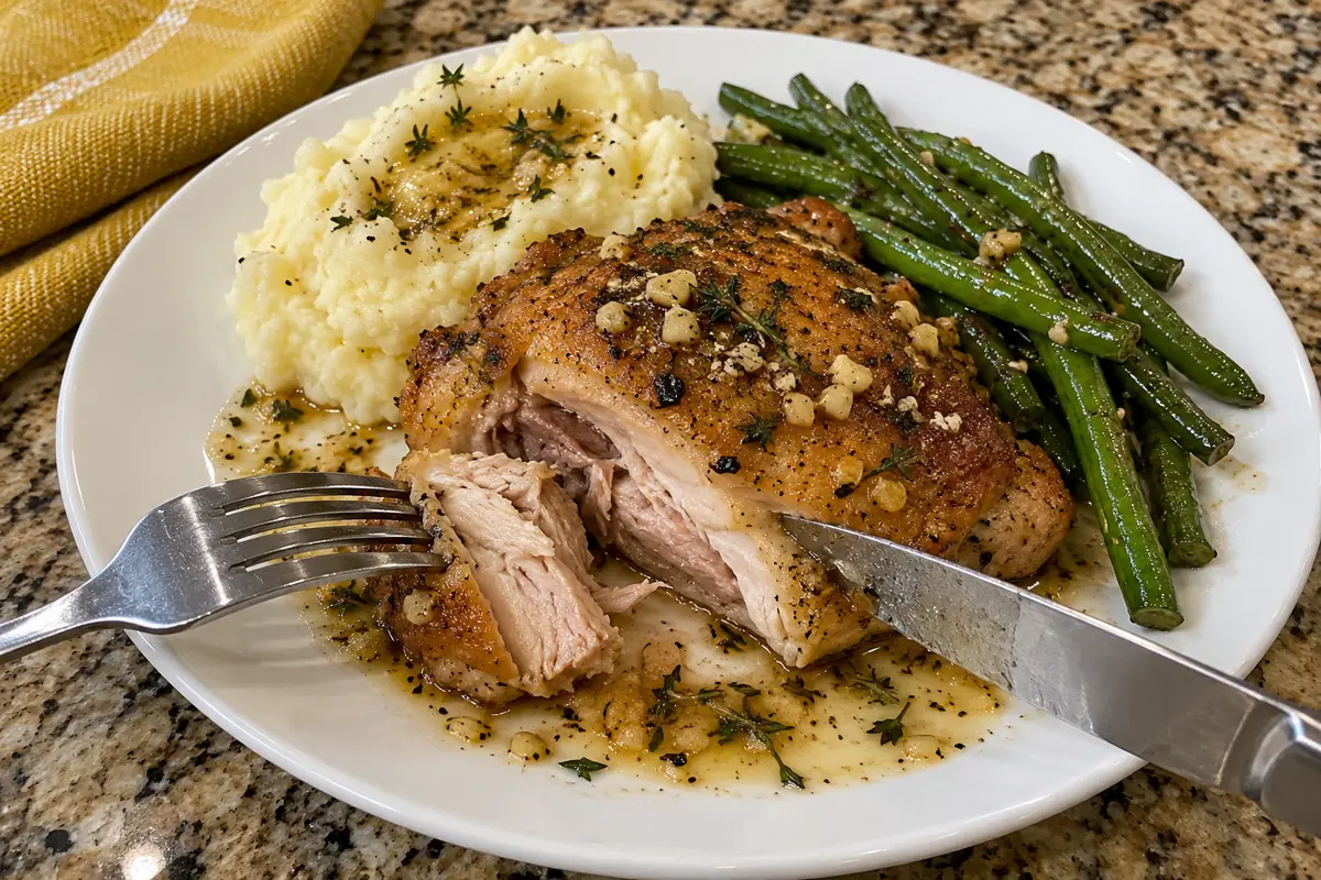 A plated garlic butter chicken thigh cut open to show juicy meat, with pan juices and mashed potatoes