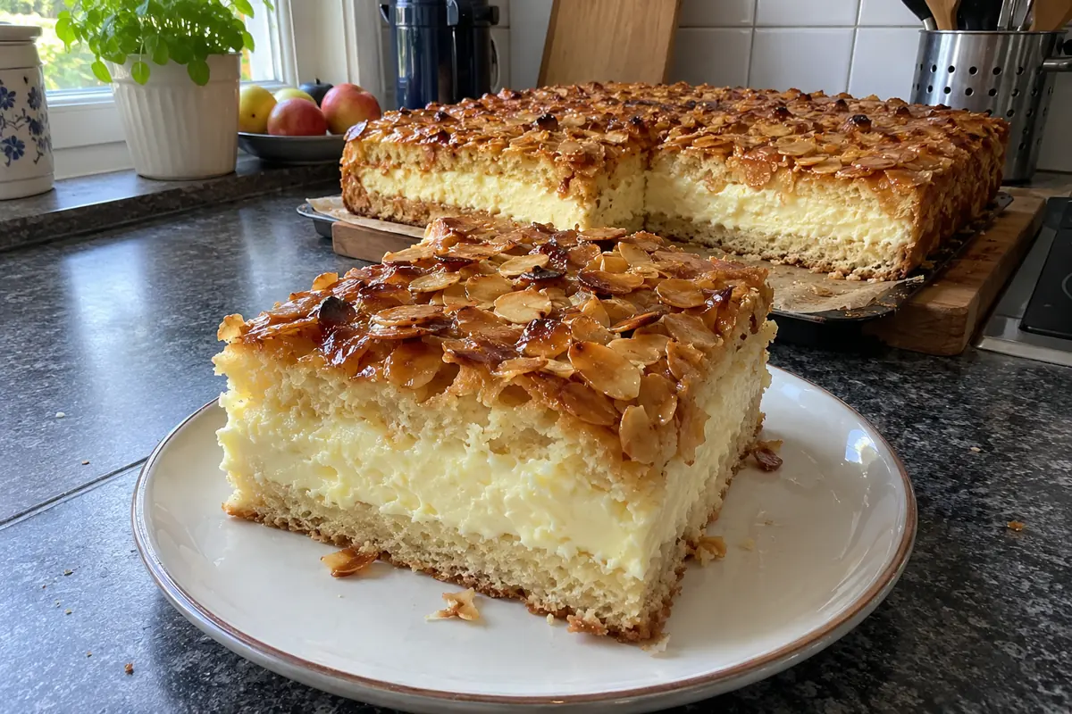 Big square slice of German bee sting cake on a plate showing caramelized almond top and thick cream layer, rest of sheet cake behind
