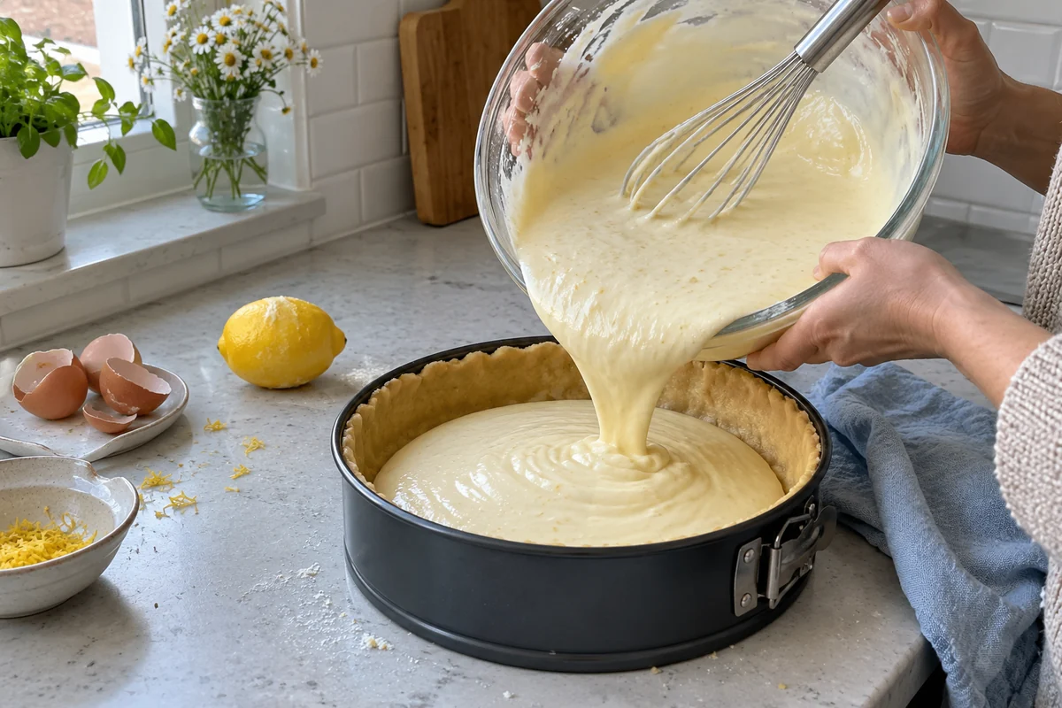 Pouring the quark filling into a shortcrust-lined springform pan for German cheesecake