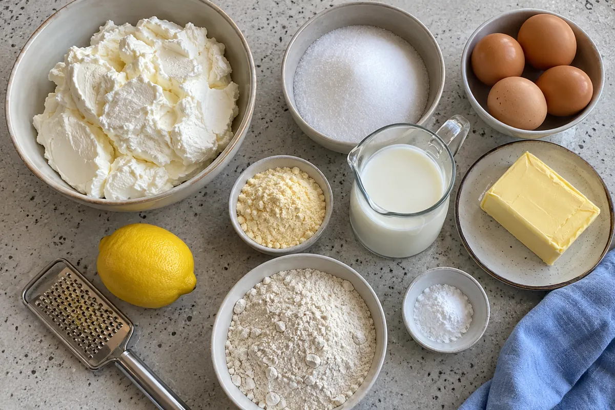 Ingredients for German cheesecake: quark, sugar, eggs, butter, milk, vanilla pudding powder, lemon, flour and baking powder