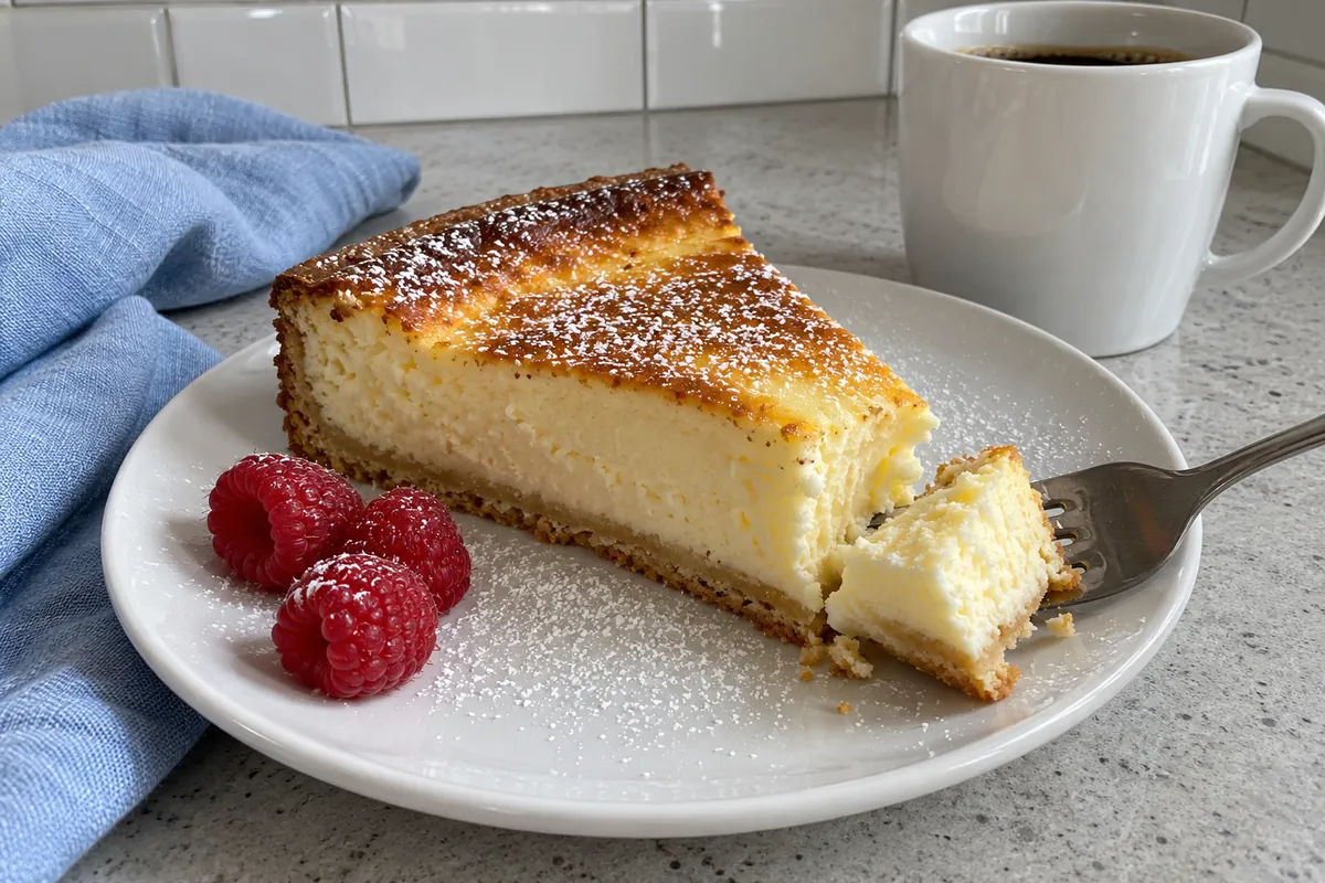 A slice of German cheesecake on a plate showing the creamy quark filling and buttery crust