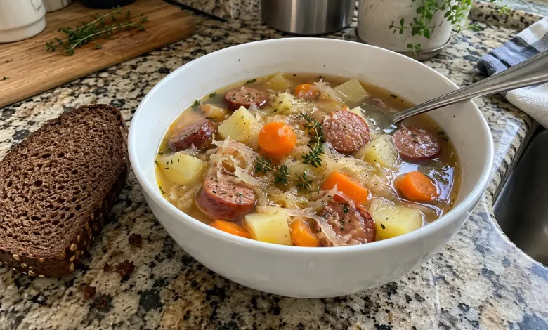 White bowl of German sauerkraut soup with smoked sausage rounds, potatoes, carrots and thyme next to a slice of dark rye bread