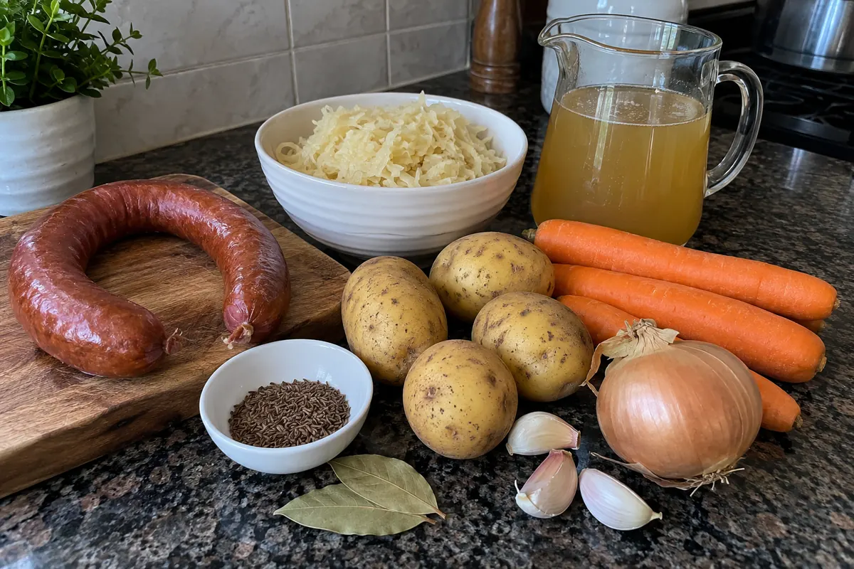 Ingredients for German sauerkraut soup: smoked sausage, sauerkraut, potatoes, carrots, onion, garlic, bay leaves, caraway seeds and broth