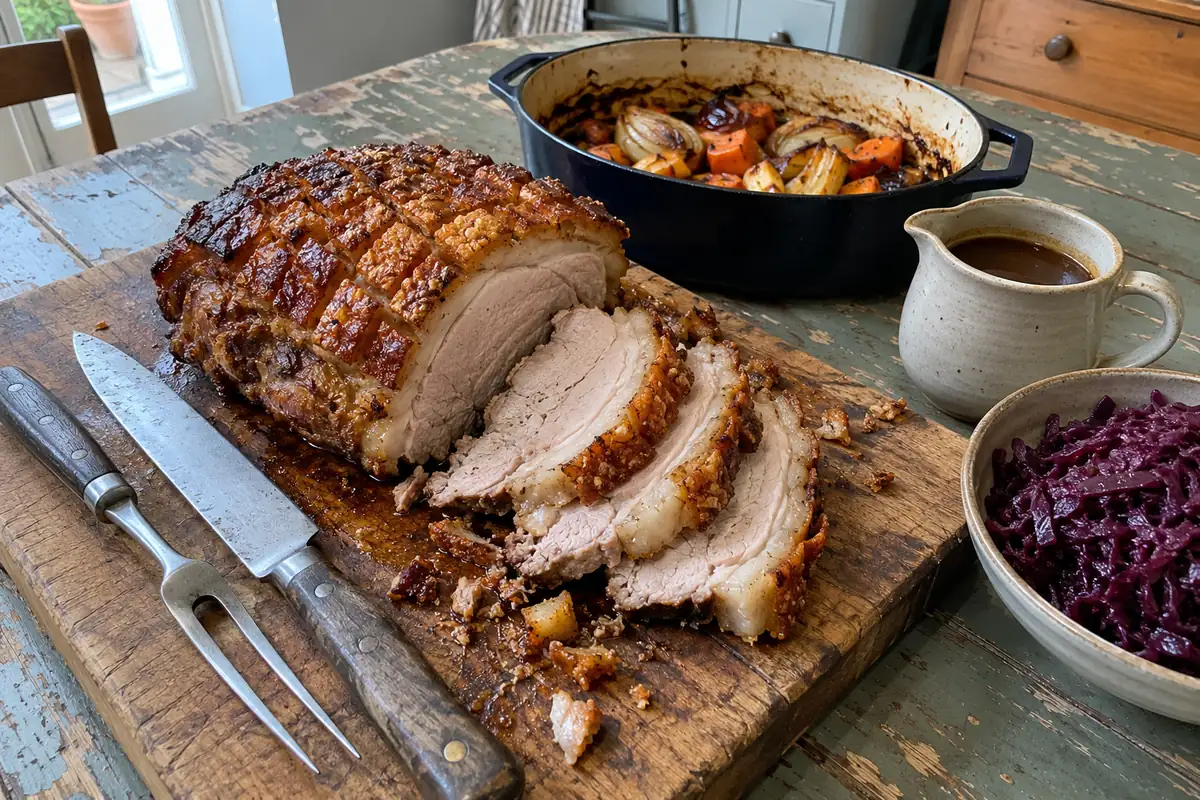 German Schweinebraten with crispy crackling sliced on a wooden carving board with a jug of dark beer gravy and red cabbage