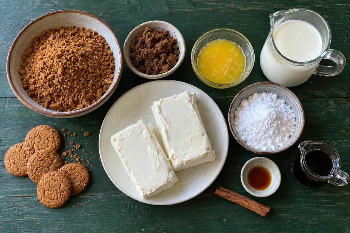 Ingredients for no bake gingerbread cheesecake: gingersnaps, brown sugar, butter, cream cheese, cream, powdered sugar, molasses and vanilla
