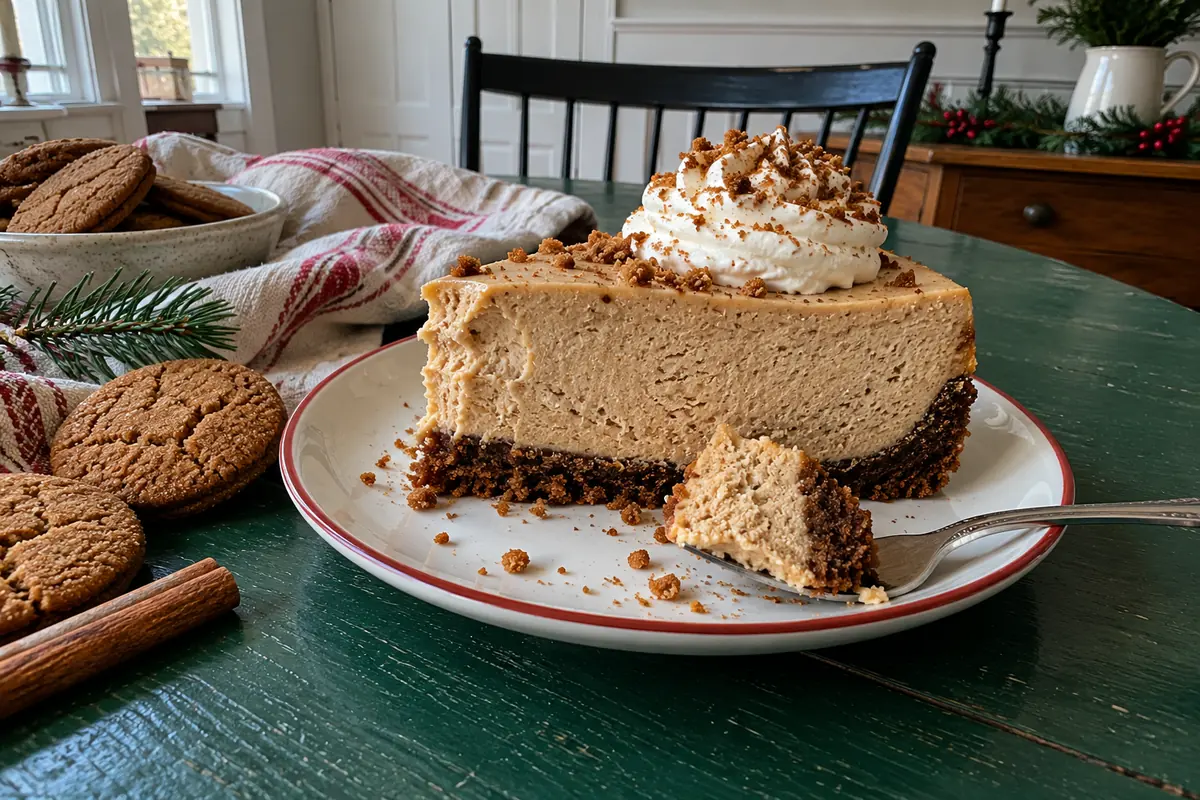 Slice of no bake gingerbread cheesecake showing the creamy molasses filling and gingersnap crust