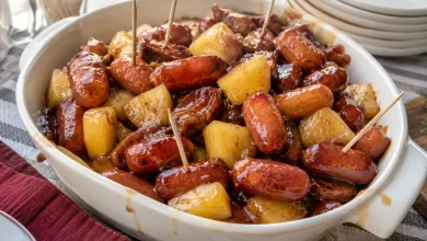 White serving bowl piled with glossy glazed mini smoked sausages and pineapple chunks with toothpicks on a party table