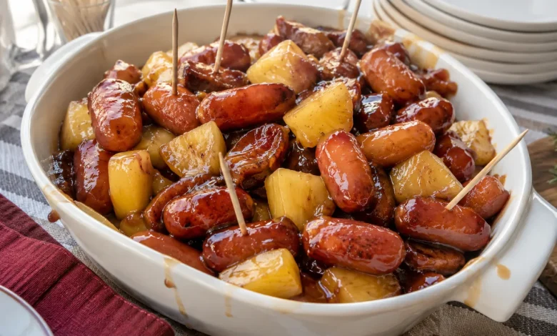 White serving bowl piled with glossy glazed mini smoked sausages and pineapple chunks with toothpicks on a party table