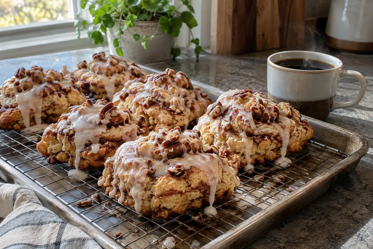 Glazed cinnamon bun drop scones with chopped pecans on a wire cooling rack beside a mug of coffee