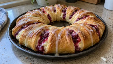 Baked glazed raspberry cream cheese crescent ring on a round dark pan on a home kitchen counter with raspberry peeking out and glaze drips