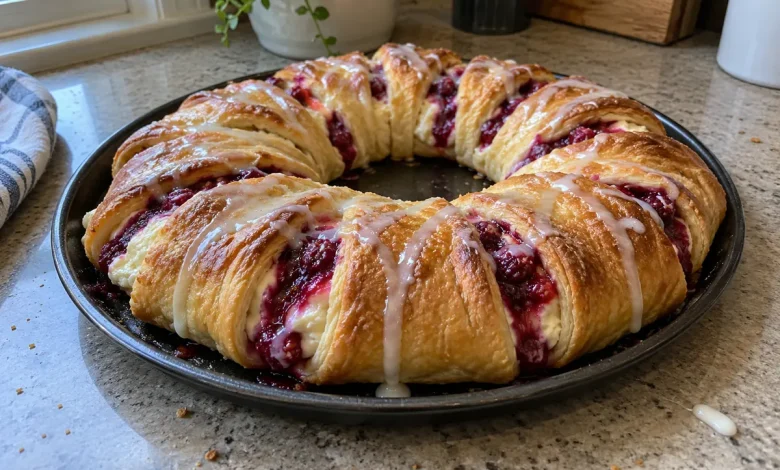 Baked glazed raspberry cream cheese crescent ring on a round dark pan on a home kitchen counter with raspberry peeking out and glaze drips