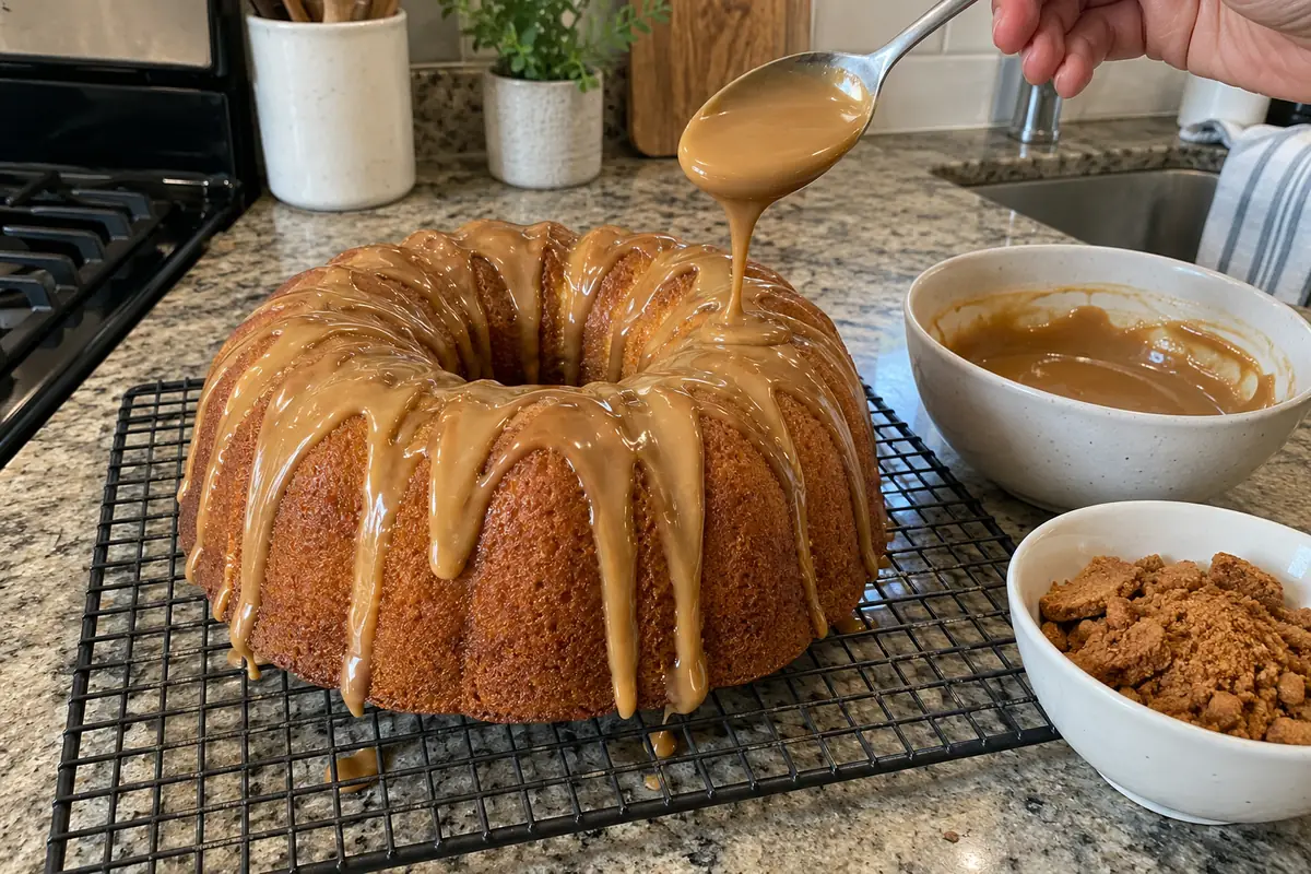 Drizzling cookie butter glaze from a spoon over a cooled Bundt pound cake on a wire rack
