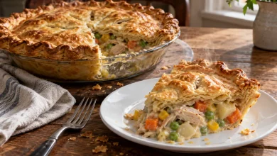 Golden baked chicken potpie with a slice cut out on a white plate showing creamy filling with chicken, carrots, peas, corn and potatoes